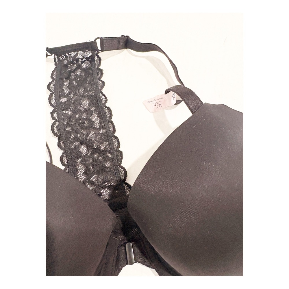 Victorias Secret Black Lace Racerback Front Close Demi Bra 36C Lightly Lined - Picture 2 of 5